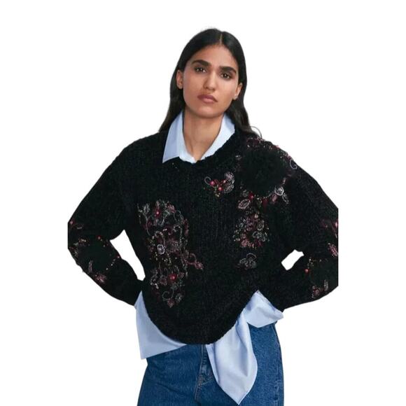 Zara Black Chenille Embellished Sweater Women’s M Beaded Sequin Velvet Floral - Picture 1 of 10